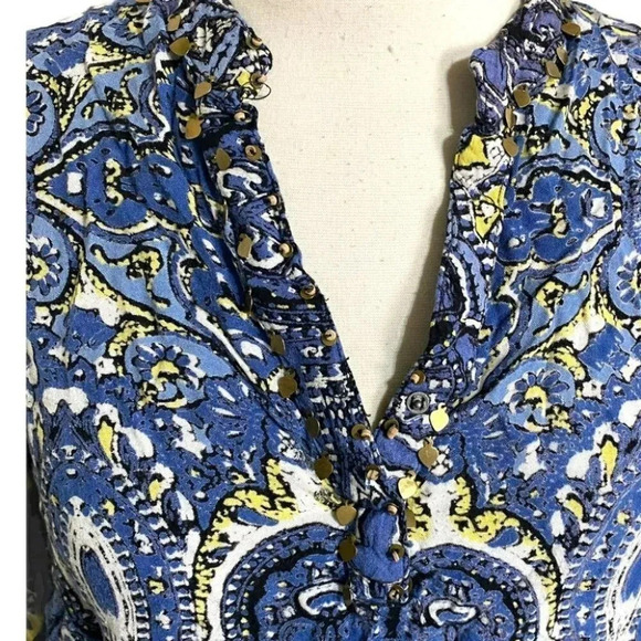 Angie XL blue white yellow boho print top with gold embellishments Y2K Hippie - Picture 4 of 5